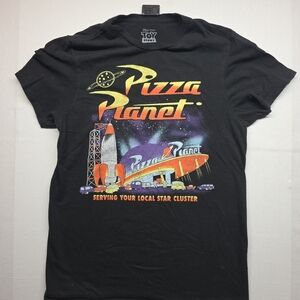 Disney Black Pizza Planet Graphic Tee with Retro Multicolor Print